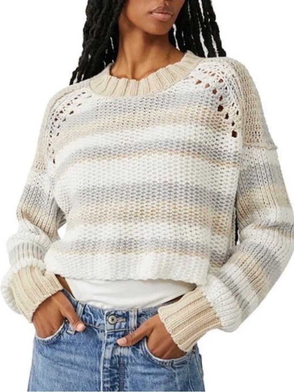 FREE PEOPLE Devon Stripped Knit Cropped Neutral Boho Sweater‎ Large